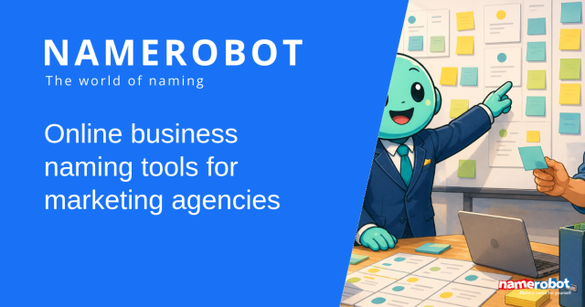 Social sharing image for the NameRobot article about online business naming tools for marketing agencies.