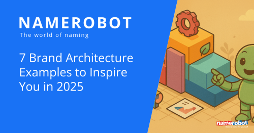 Namero points at colorful brand building blocks next to the headline “7 Brand Architecture Examples to Inspire You in 2025” on a blue background.