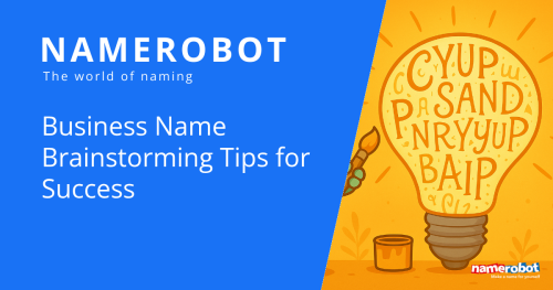 A large light bulb is filled with name-like fragments such as “CYUP”, “SAND”, “PNRYYUP”, and “BAIP”. A paintbrush and paint cup sit nearby, symbolizing creative brainstorming of brand names.