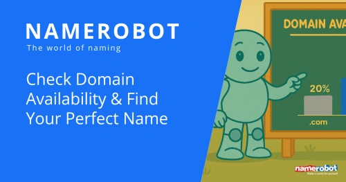 Illustration with Namero, the NameRobot mascot, pointing at a board with a .com domain availability chart (20%). On the left side, text reads: “Check Domain Availability & Find Your Perfect Name”.
