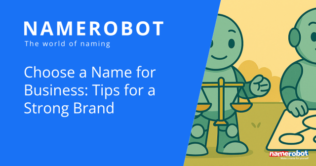 Namero holds a golden scale in front of a board with name ideas. The text “Choose a Name for Business: Tips for a Strong Brand” emphasizes the importance of a well-balanced naming decision.