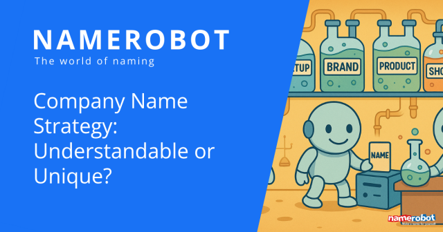 Illustration of a robot in a lab with bottles labeled “Startup”, “Brand”, “Product” and “Shop”. The robot holds a card reading “Name” – representing naming strategy by NameRobot.