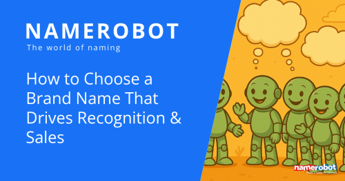 A group of Namero robots stands together with large thought bubbles above their heads – symbolizing collective brainstorming for memorable, high-converting brand names.