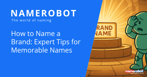 Namero stands thoughtfully in front of a brightly lit pedestal labeled “Brand Name” – visually representing the challenging process of choosing a brand name, with the text “How to Name a Brand: Expert Tips for Memorable Names”.