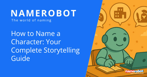 The robot Namero sits at a desk, writing in a notebook and using a laptop. Speech bubbles above show symbols for gaming, buildings, and a knight – representing various character types.