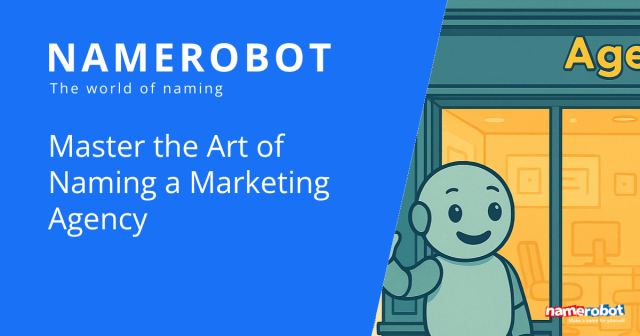 Namero stands in front of a brightly lit agency storefront while the text “Master the Art of Naming a Marketing Agency” is displayed – symbolizing expert guidance for naming creative and advertising agencies.