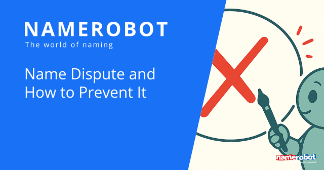 Namero points to a red X in a speech bubble – representing name conflicts and how early research can help prevent them.