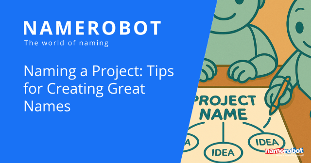 Namero robots sit around a table with a sheet titled “Project Name,” branching into several “IDEA” bubbles – representing creative approaches to naming projects.
