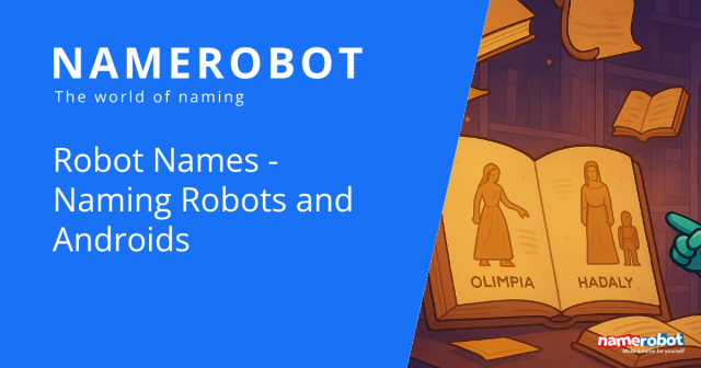 NameRobot graphic showing an open book in a library with the robot names ‘Olimpia’ and ‘Hadaly’. On the left, text reads: ‘Robot Names – Naming Robots and Androids’.