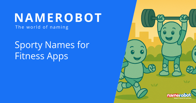 Three Namero robots working out: one is running, one doing curls, and one lifting a barbell overhead – representing dynamic name ideas for fitness applications, presented by NameRobot.