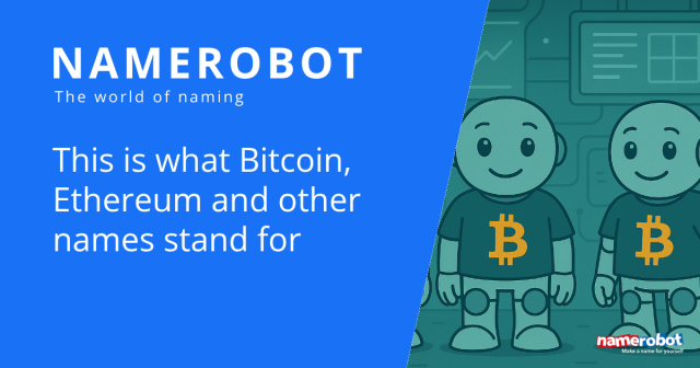 Two Namero robots wearing Bitcoin shirts stand in front of a digital background. The text explains the origin and meaning of cryptocurrency names – presented by NameRobot.