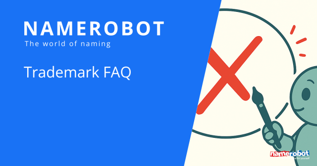 Namero holds a marker and points to a large red X inside a circle, next to the text “Trademark FAQ” – symbolizing common questions, legal pitfalls, and key facts about trademark law.