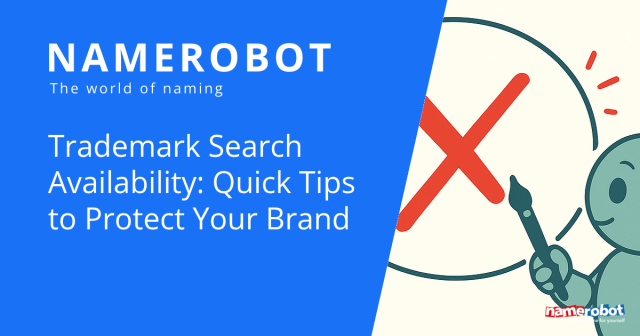 Namero points with a pen at a large red X inside a circle – symbolizing potential conflicts in trademark availability. The text highlights practical tips for protecting your brand through proper trademark searches.