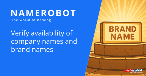 A golden stone slab labeled “BRAND NAME” stands on a pedestal under a spotlight, next to the text “Verify availability of company names and brand names” – symbolizing the legal and strategic validation of name ideas.