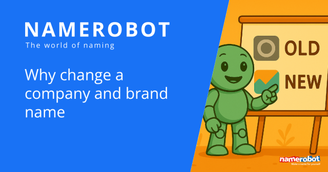 The Namero robot points to a whiteboard with icons representing an old and new brand name, illustrating reasons for rebranding.