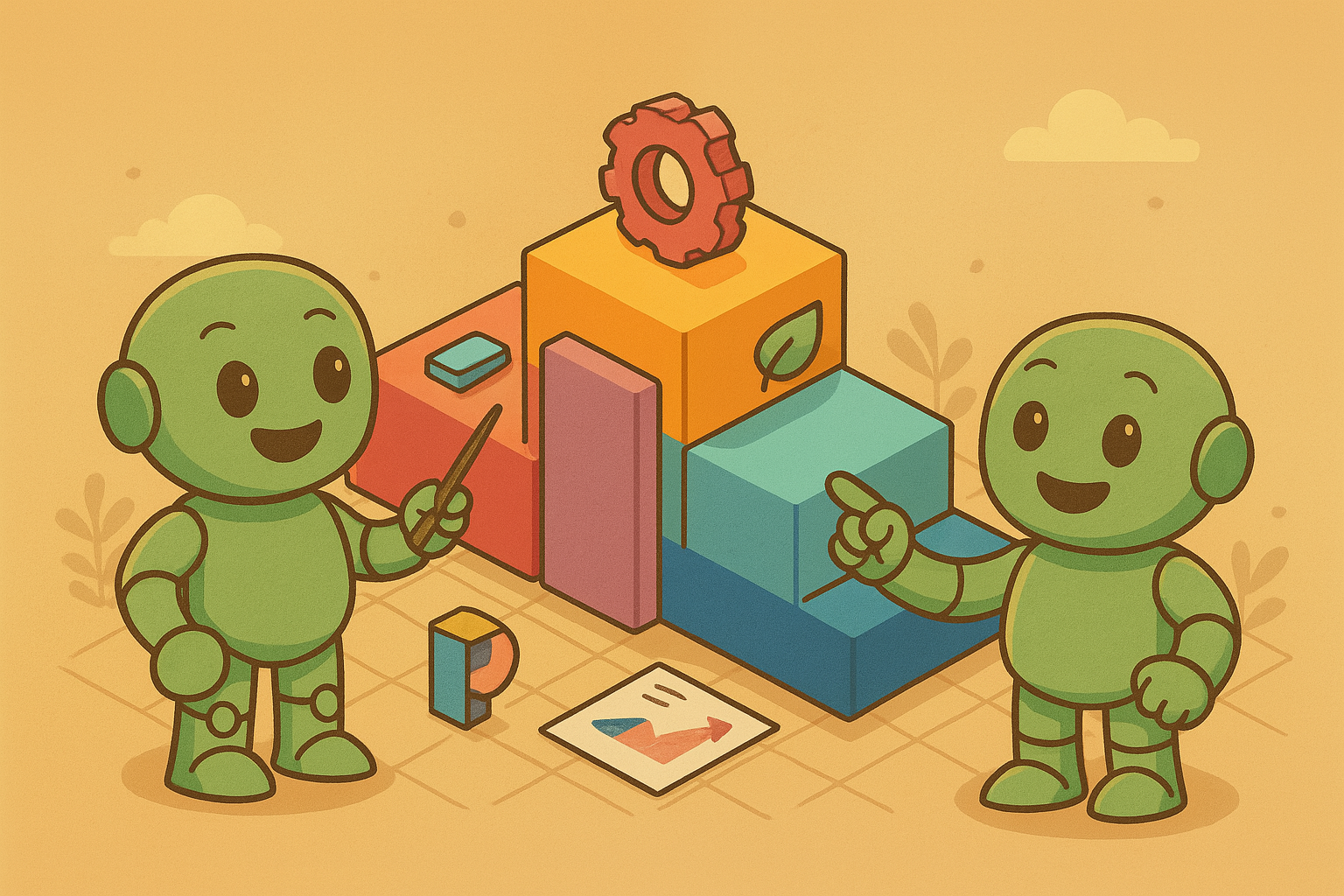 Two Nameros point at colorful building blocks with symbols like a gear and a leaf – visualizing a structured brand architecture.