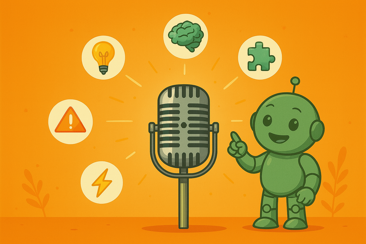 Namero stands next to a large microphone, surrounded by icons like a brain, light bulb, and puzzle piece – representing creative podcast topics.
