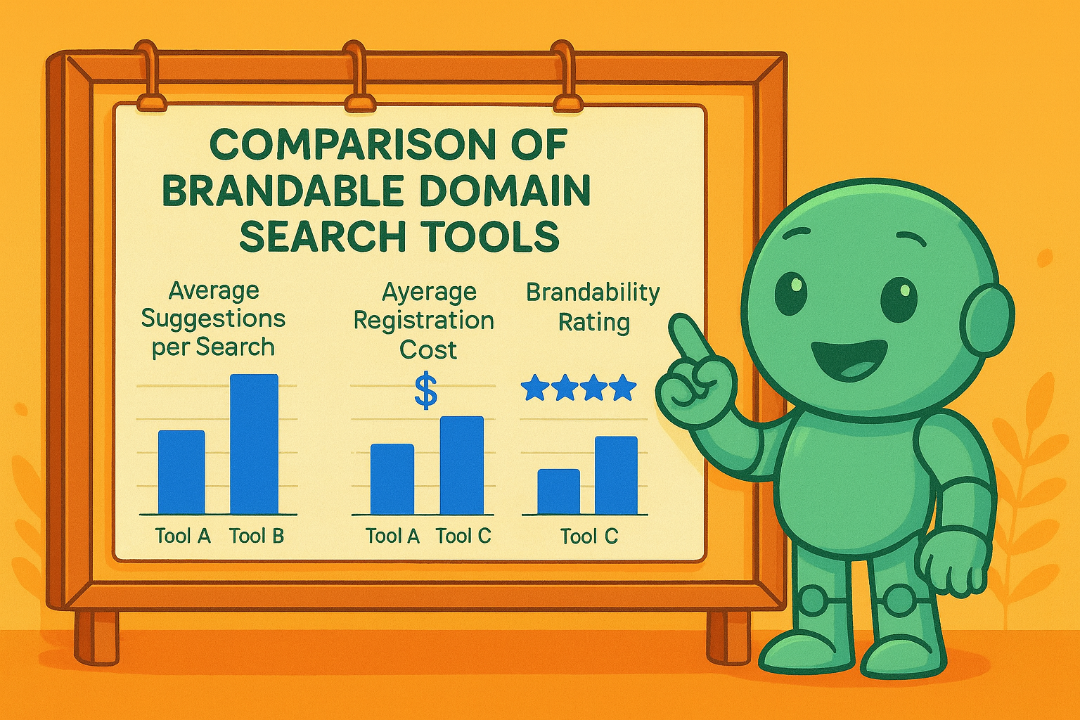 Namero, the NameRobot mascot, points at a chart comparing brandable domain search tools: average suggestions per search, average registration cost, and brandability rating.