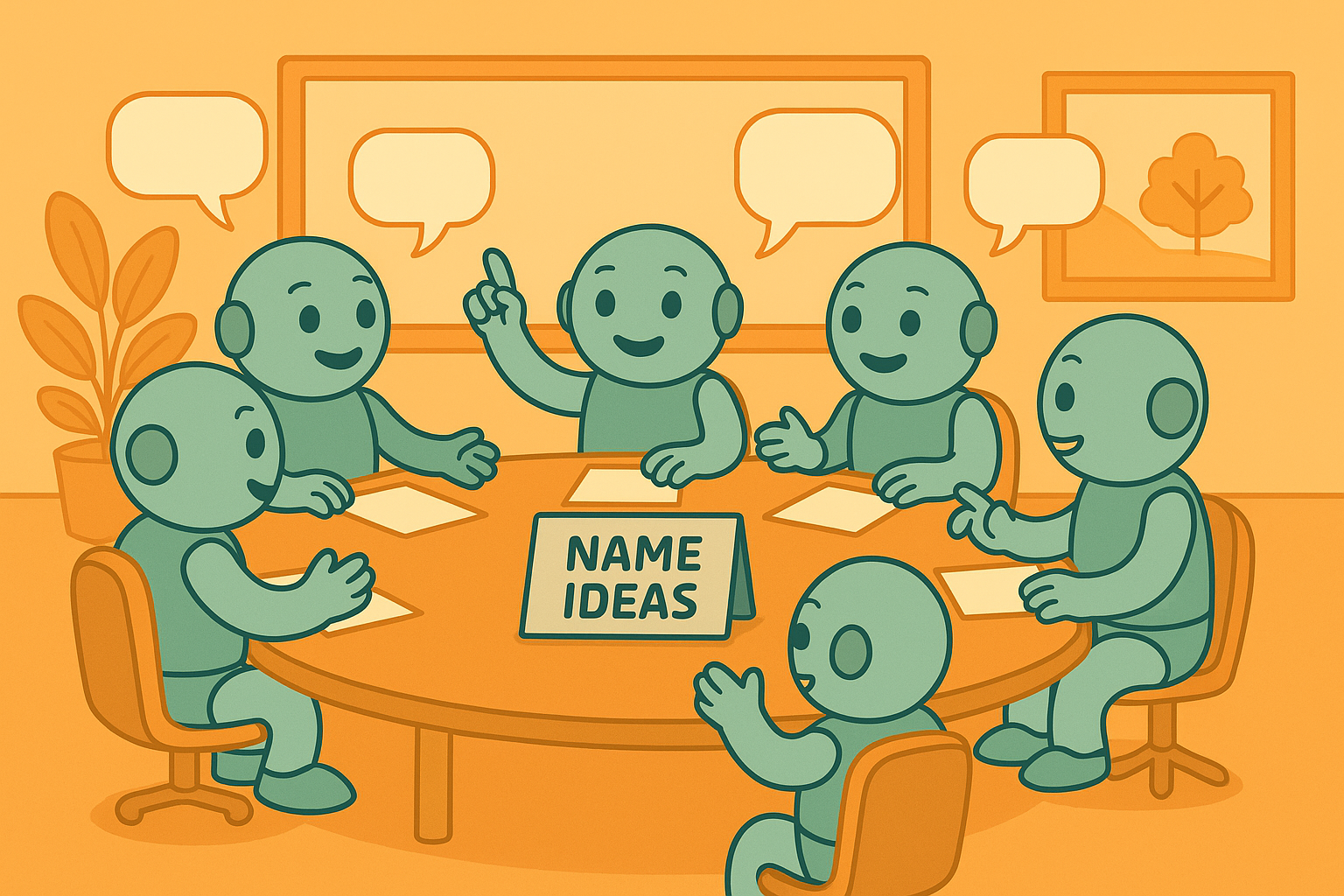 Six Namero robots sit around a round table labeled “Name Ideas” and engage in a lively discussion with speech bubbles overhead – representing collaborative brainstorming for name development.