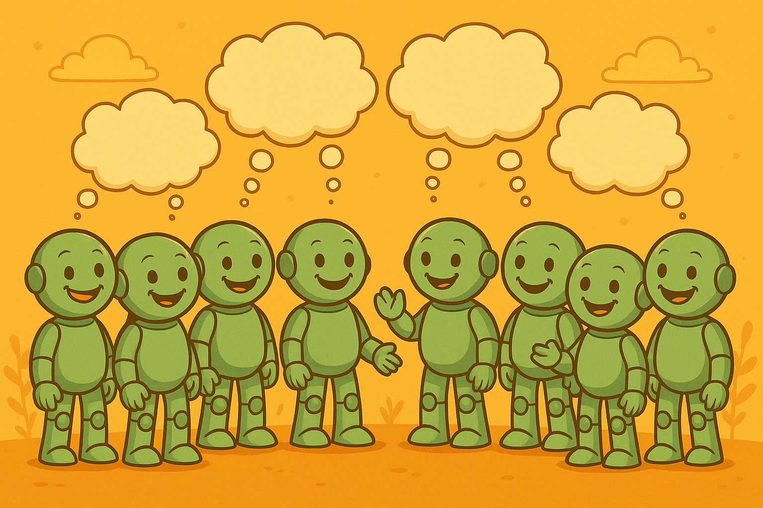 Eight Namero robots face each other in two groups, each with thought bubbles above their heads – symbolizing creative brainstorming for name ideas.