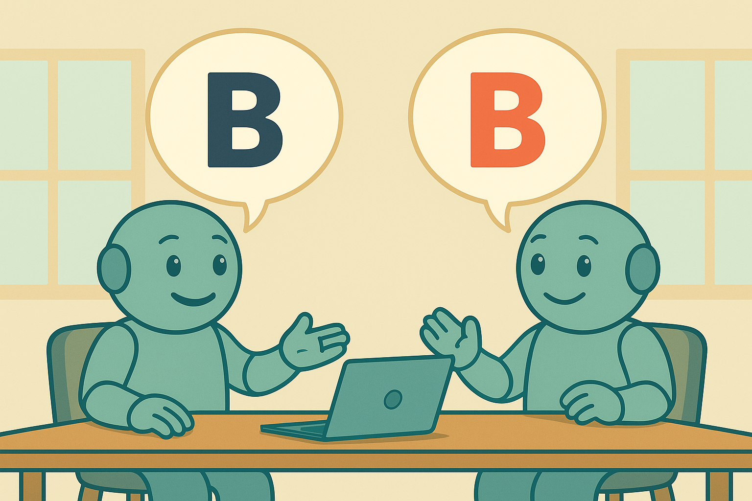 Two Namero robots sit across from each other at a table with a laptop, discussing. Their speech bubbles each show a different “B” – one black, one red – symbolizing subtle distinctions in branding, naming, or typography.