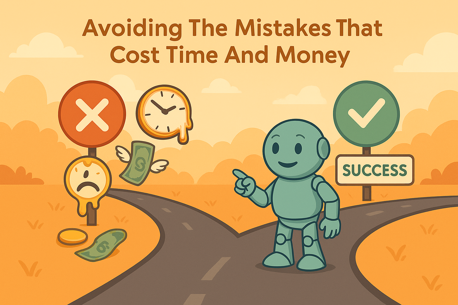 Namero stands at a crossroads. On the left, icons show errors, melting clocks, and flying money leading to failure. On the right, a green check and a “Success” sign mark the right path – illustrating smart naming decisions.