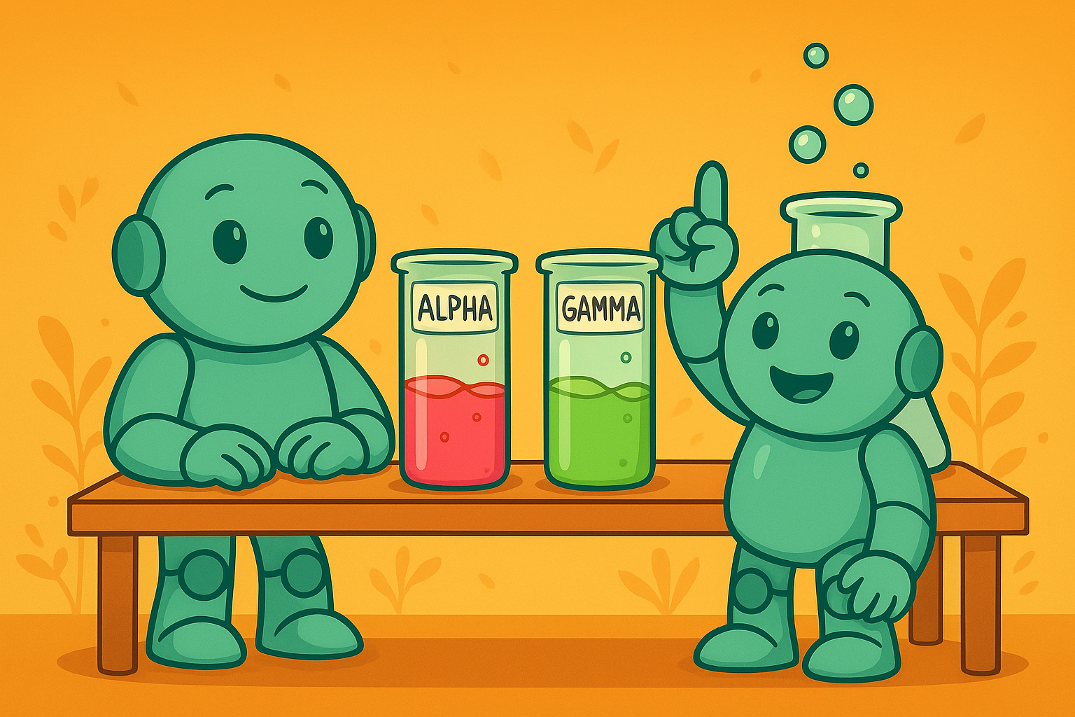 Two nameros stands at a table with colorful test tubes labeled “ALPHA” and “GAMMA.” One robot points upward excitedly while bubbles rise from a third flask.