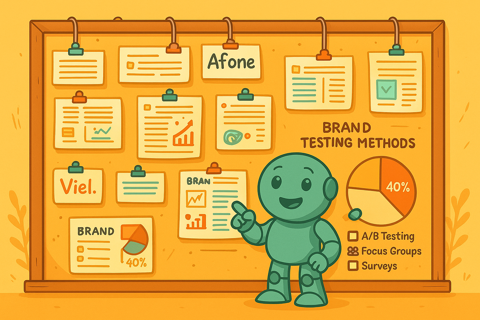 Namero stands in front of a pinboard filled with brand name ideas, charts, and evaluations. A pie chart shows that 40% of the testing methods used are A/B tests, alongside surveys and focus groups.