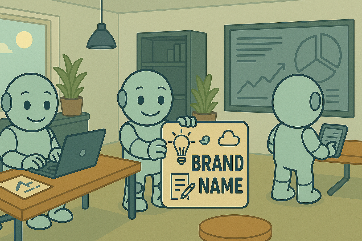 Three friendly robots collaborate in a modern office on brand strategy. One holds a sign that says “BRAND NAME” while the others work on a laptop and tablet. Background elements include plants and charts.
