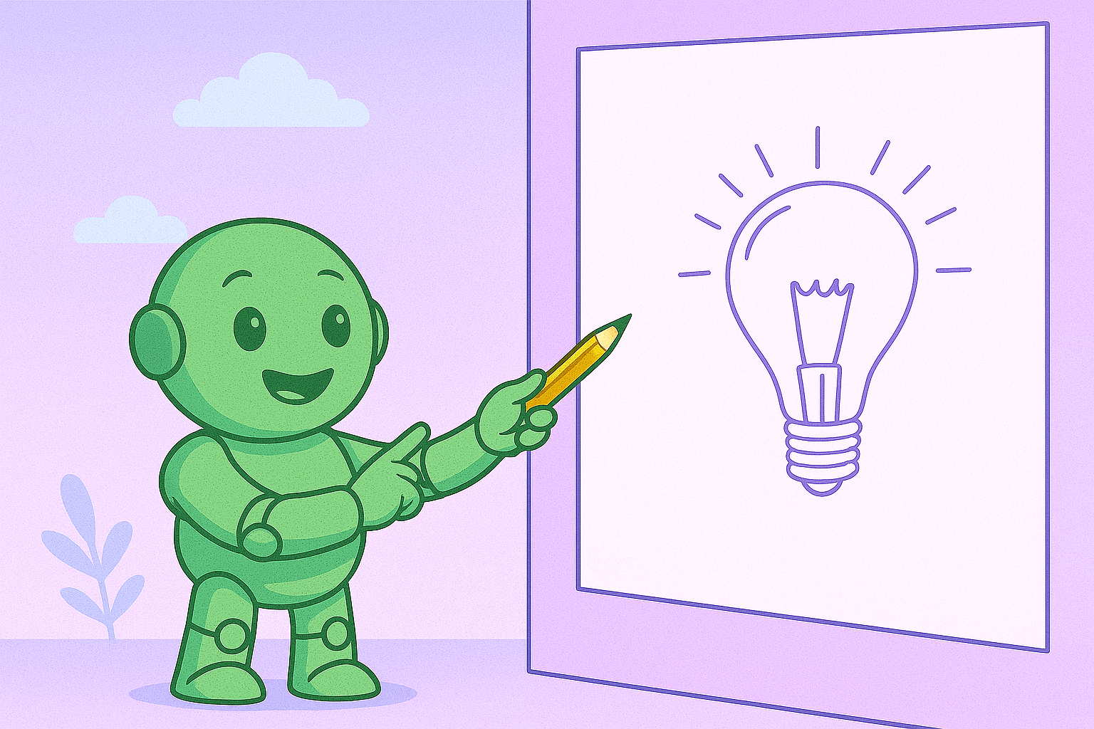 A green Namero robot points to a glowing light bulb on a large board with a pencil. The image symbolizes inspiration, creative thinking, and the beginning of the naming journey.