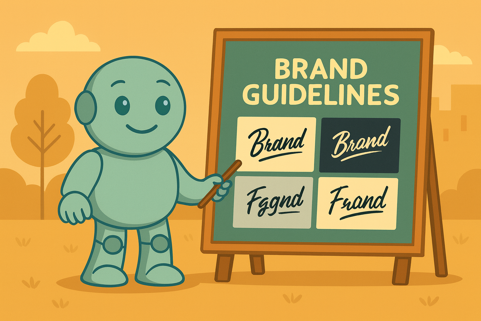Illustration with Namero, the NameRobot mascot, pointing at a flip chart titled “Brand Guidelines”. The chart displays different versions of the word “Brand” to show correct and incorrect applications.