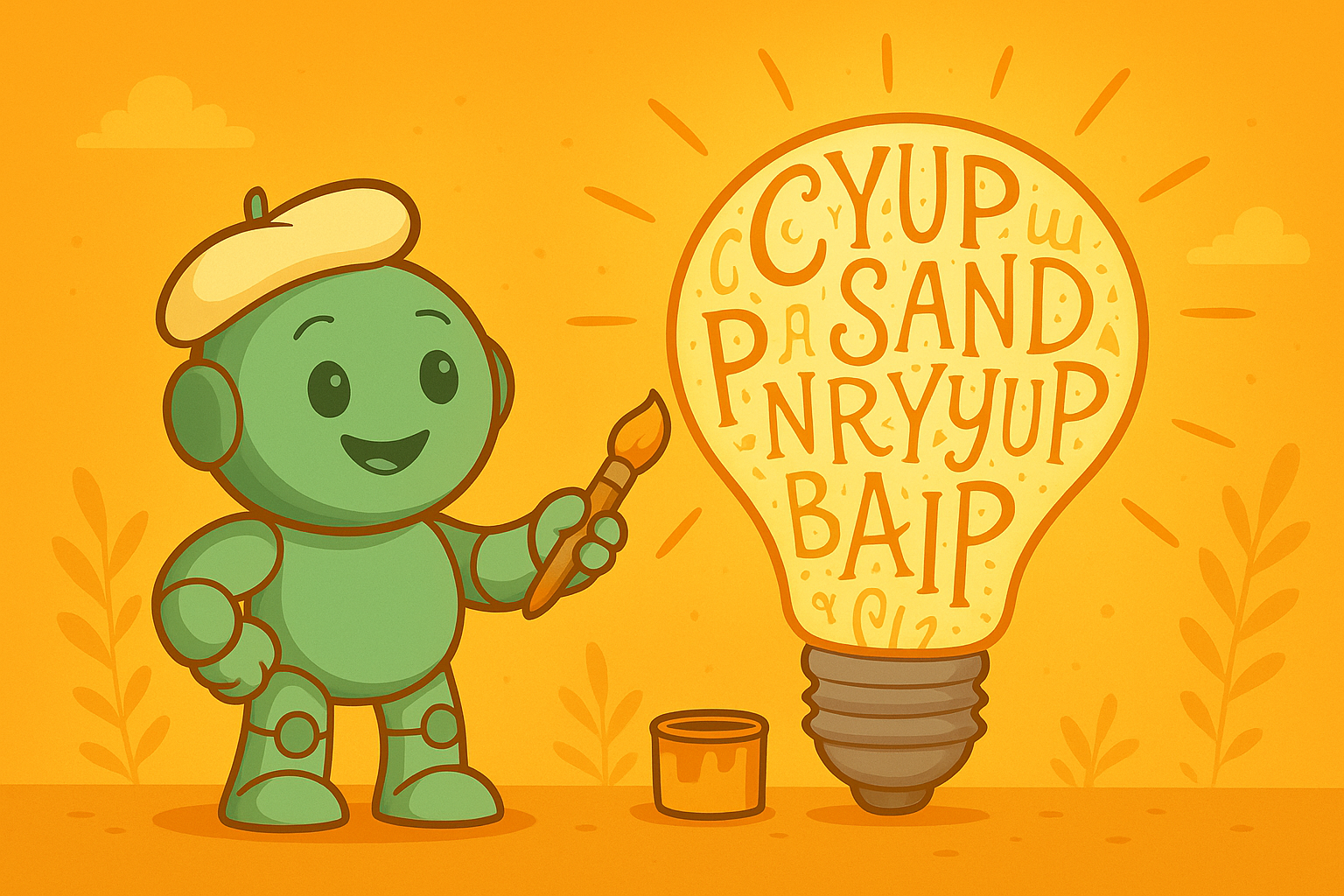 Namero wears a beret and holds a paintbrush, painting whimsical letters inside a glowing lightbulb – a symbol of creative name development and idea generation.
