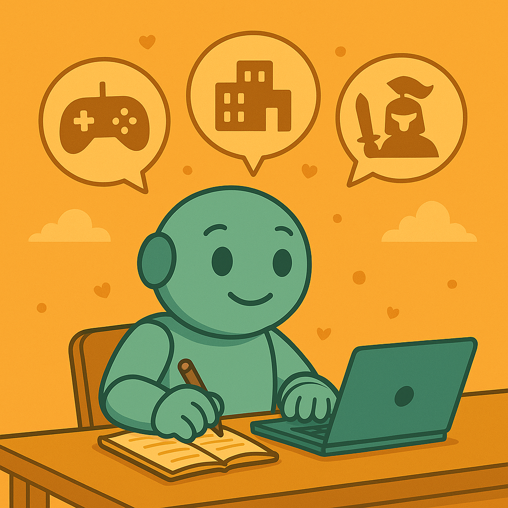 Namero sits at a desk with a laptop and notebook, while icons of a gamepad, building, and knight hover above – symbolizing brainstorming name ideas for games, businesses, and characters.