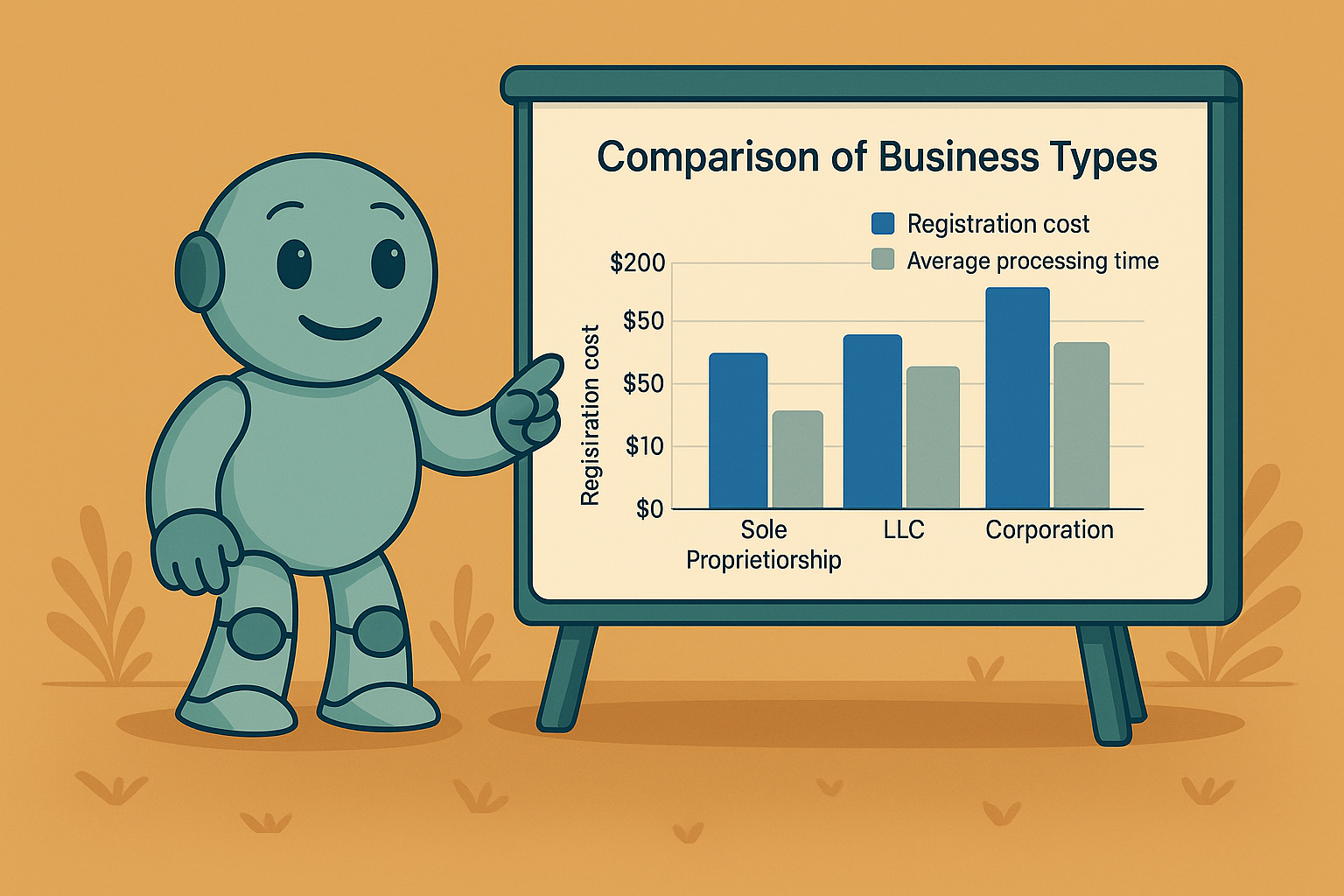 Namero stands next to a flipchart showing a bar graph comparing “Sole Proprietorship”, “LLC”, and “Corporation” by registration cost and average processing time – illustrating informed business formation choices.