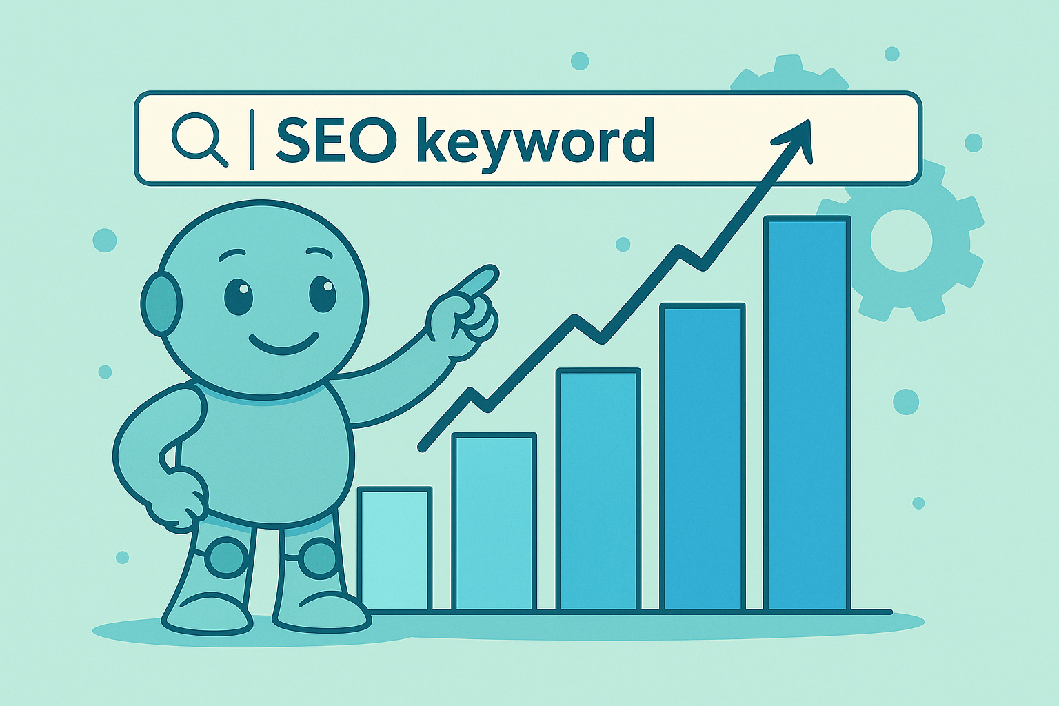 Namero stands in front of a rising bar chart with an arrow pointing to a search bar labeled “SEO keyword” – representing successful search engine optimization through targeted keywords.