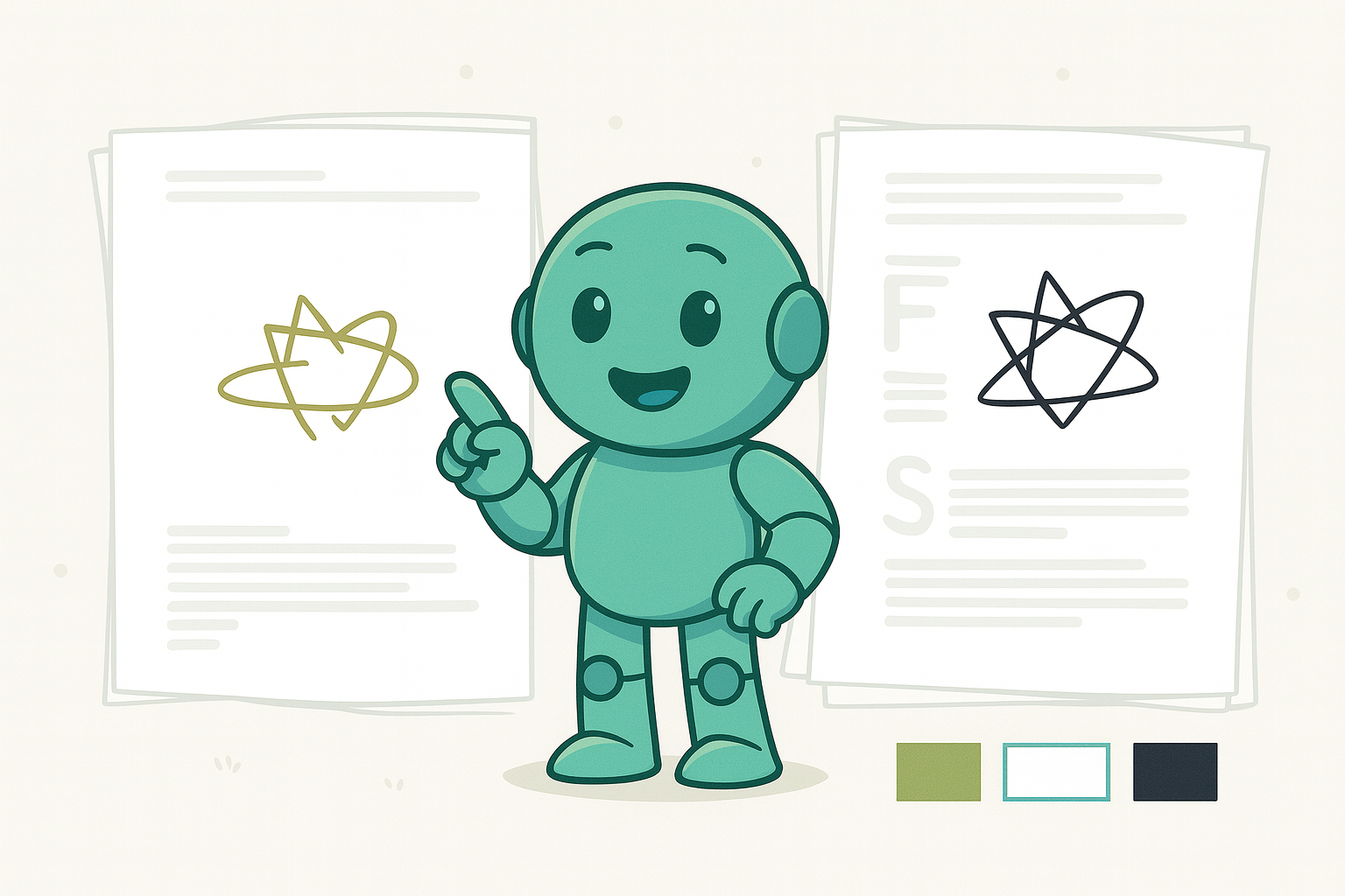 Illustration with Namero, the NameRobot mascot, standing in front of two sheets showing logos and text. At the bottom, three color swatches are displayed: olive green, white, and dark gray. The image highlights the consistent use of brand colors and fonts.