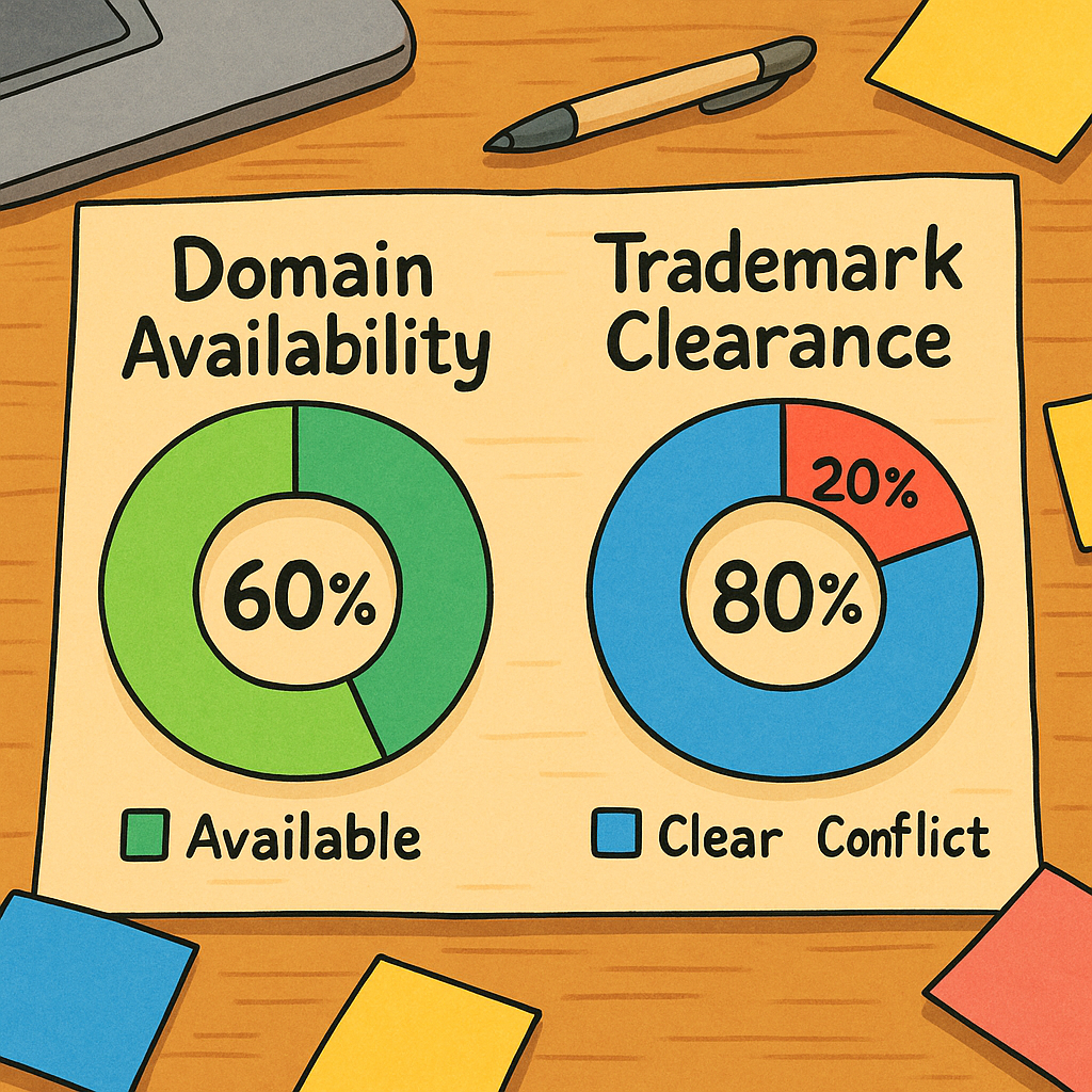 Two pie charts on a desk: the left shows “Domain Availability” with 60% available, the right “Trademark Clearance” with 80% clear and 20% conflict – representing the check between name ideas, domains, and trademark rights.