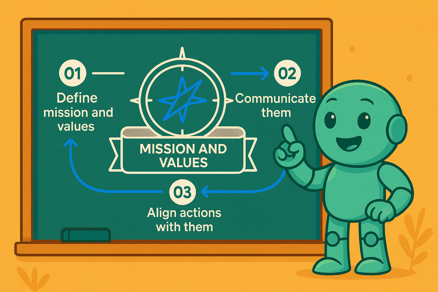 Illustration with Namero, the NameRobot mascot, pointing at a chalkboard. The diagram shows three steps: “1. Define mission and values”, “2. Communicate them”, “3. Align actions with them”. In the center is “Mission and Values” with a compass icon.
