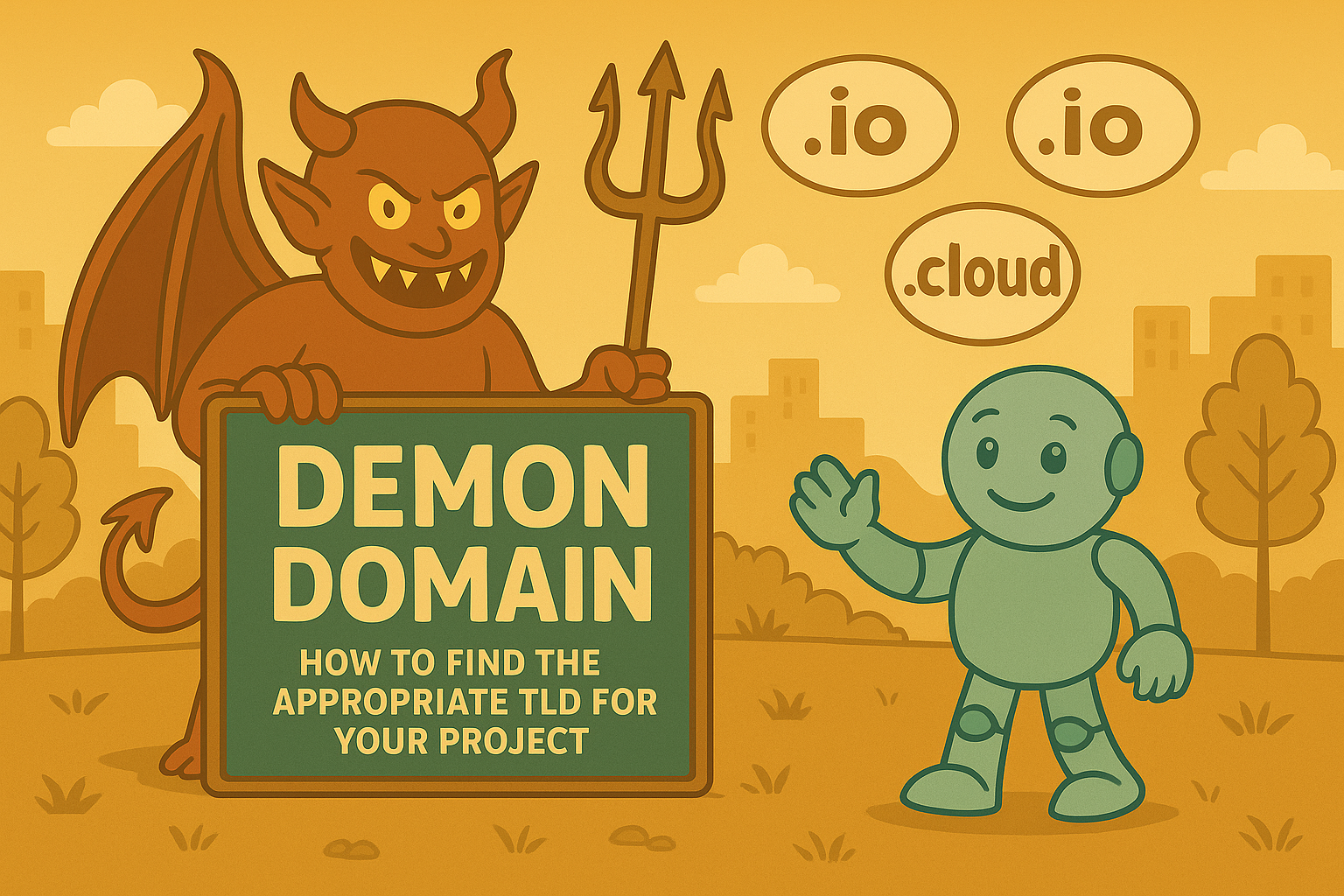 Namero waves at a red demon holding a trident and a sign that reads “Demon Domain – How to find the appropriate TLD for your project.” Above them float TLDs like .io and .cloud – a playful take on choosing the right domain ending.  Bereit für das nächste Bild?