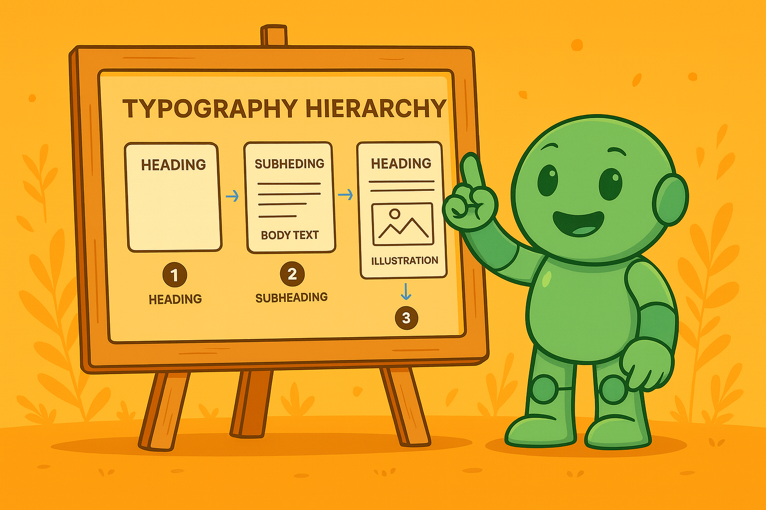 Illustration with Namero, the NameRobot mascot, pointing at a flip chart. The chart explains typography hierarchy: Heading, Subheading with body text, and an Illustration.