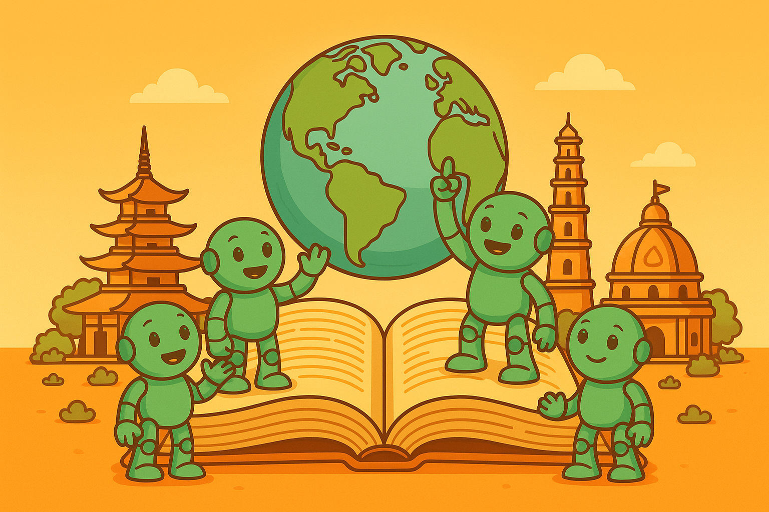Four robots stand around an open book and a globe, surrounded by global landmarks – representing worldwide inspiration for name ideas from various cultures and languages.