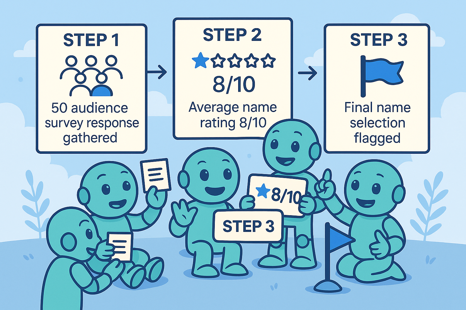 Four Namero robots illustrate the steps of a naming process: Step 1 with 50 survey responses, Step 2 with an average rating of 8/10, and Step 3 with the final name selection flagged.