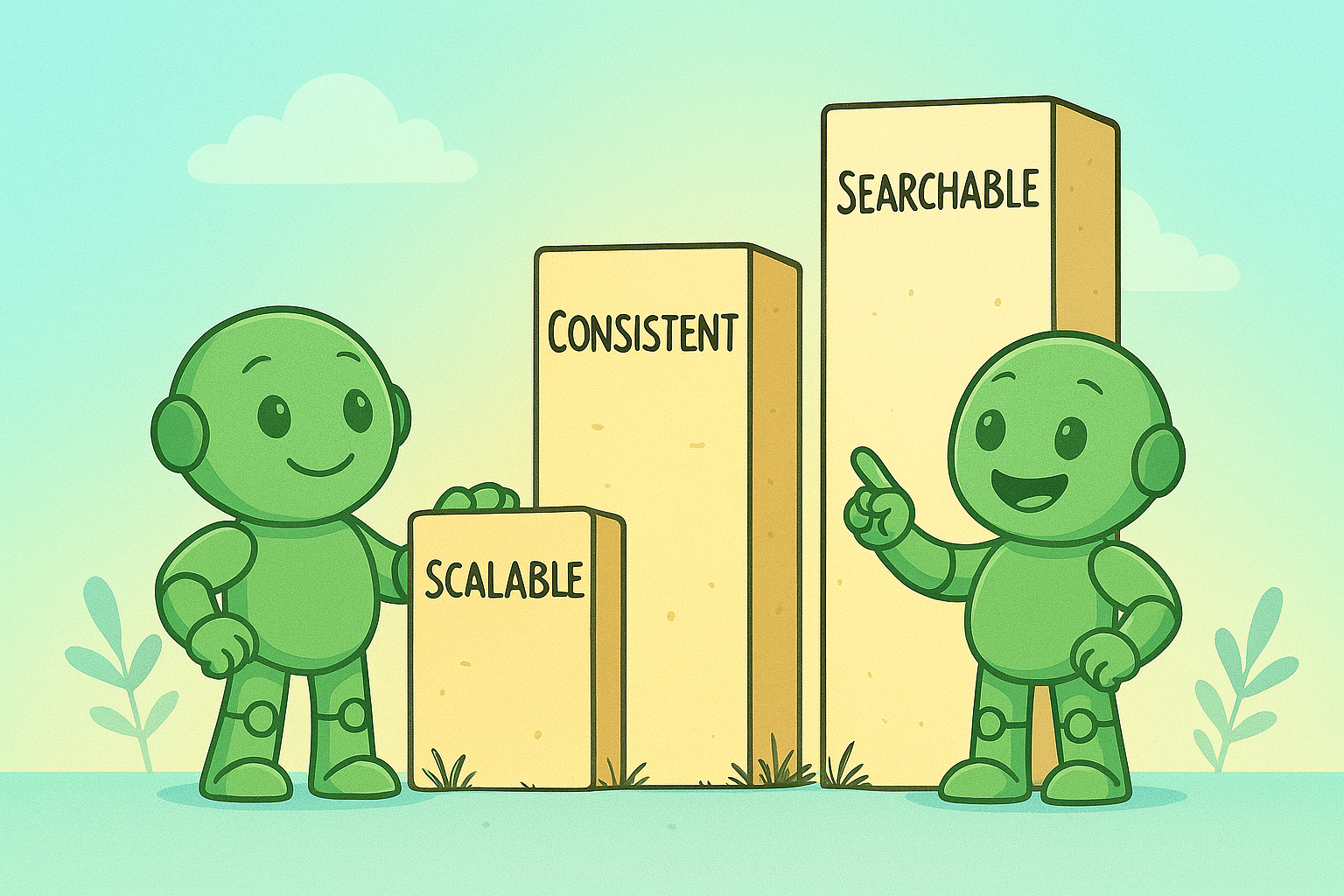 Two green Namero robots stand in front of three ascending bars labeled “Scalable,” “Consistent,” and “Searchable.” The image illustrates the essential qualities of a strong project or product name.