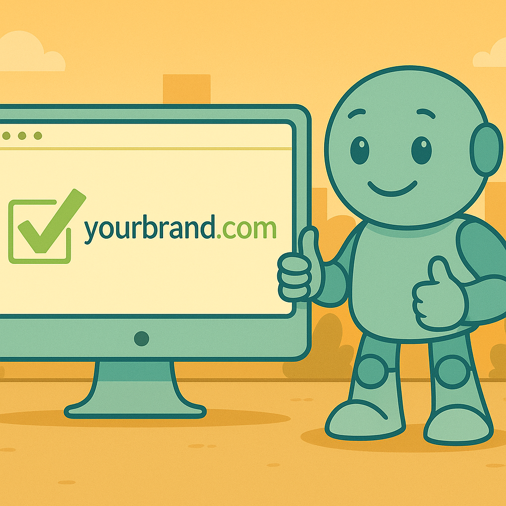 Namero stands next to a screen showing “yourbrand.com” with a green checkmark and a thumbs up – symbolizing successful domain availability and brand name confirmation.