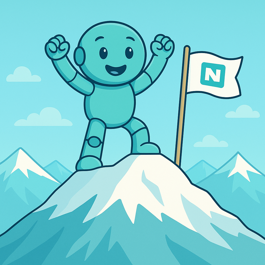Namero celebrates on a snowy mountain peak next to a flag bearing the letter “N” – representing the success of a powerful naming strategy or completed project.