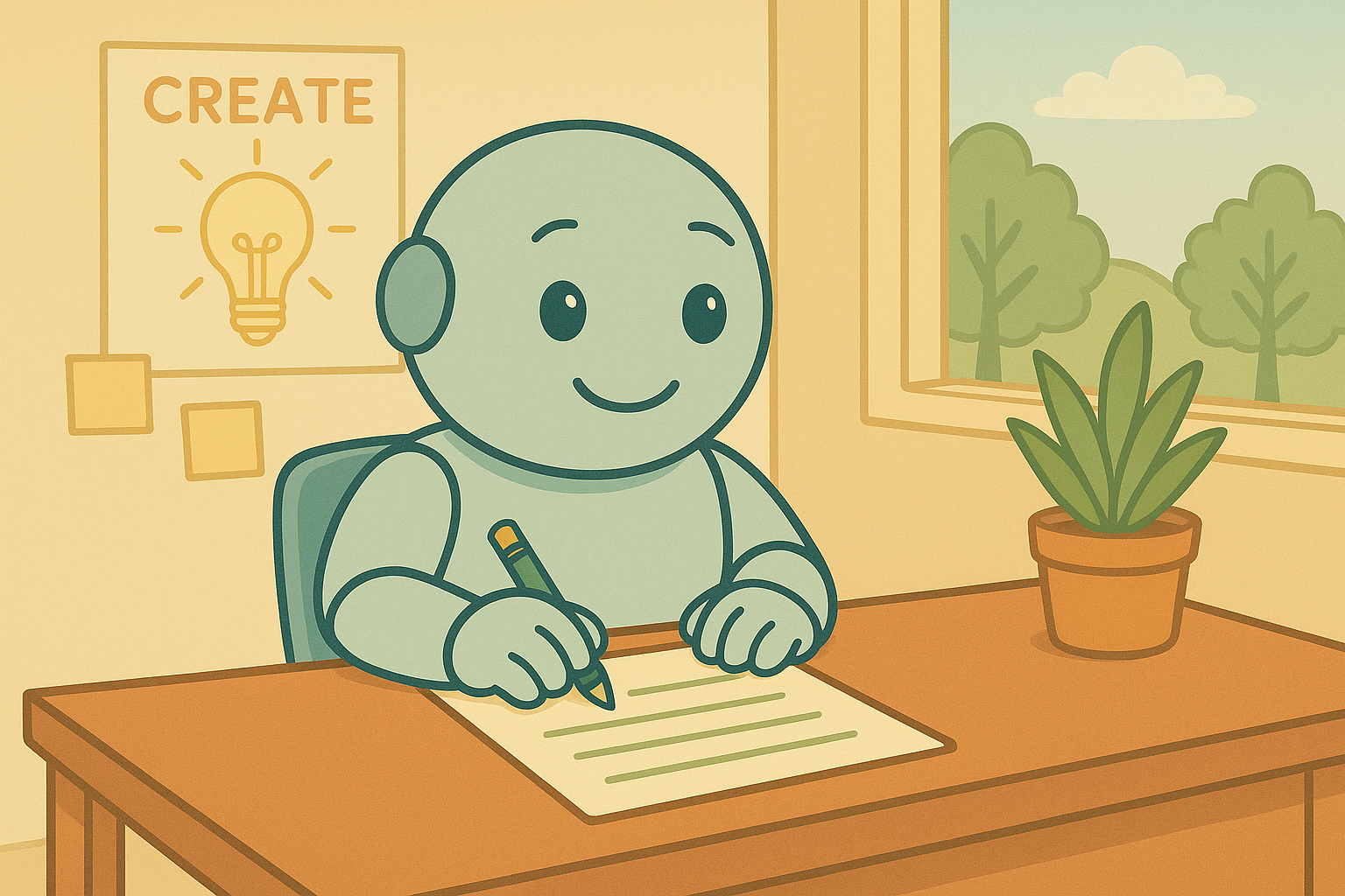 A friendly robot sits at a desk writing a list in a bright, cozy room with a window and a plant.
