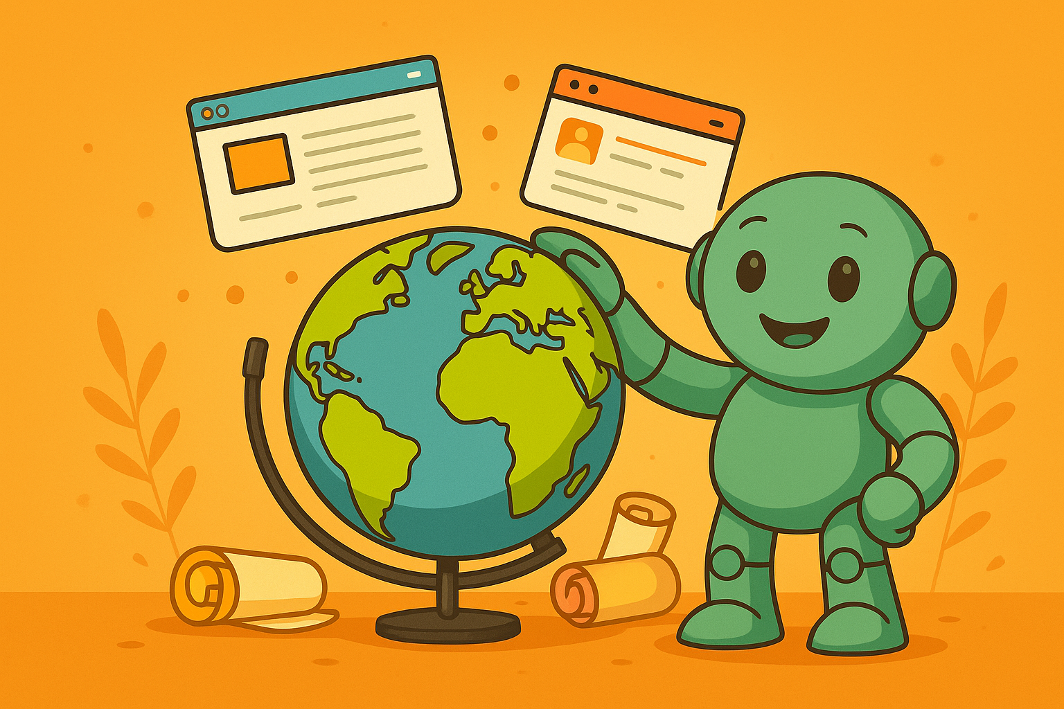 Namero stands next to a globe highlighting Europe and Africa, with two floating web interfaces – representing global naming projects.