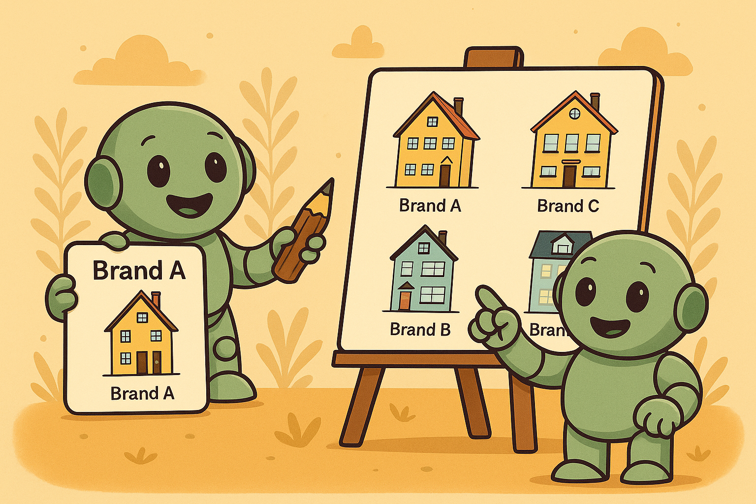 Two Nameros point at a flipchart showing various houses labeled with brand names like “Brand A” and “Brand C” – illustrating brand architecture concepts.
