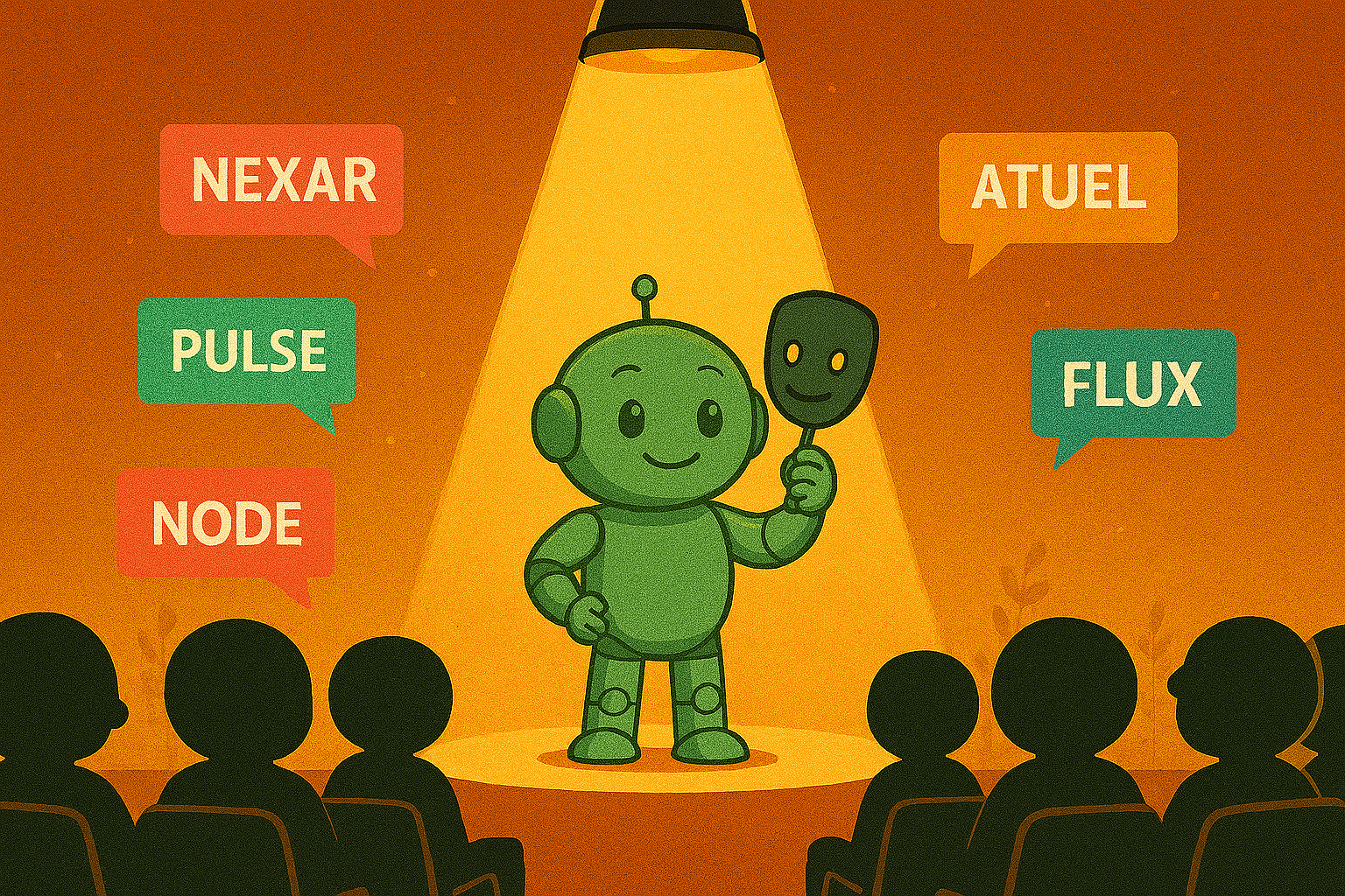 Namero stands in the spotlight holding a theatrical mask, surrounded by name ideas like “Nexar” and “Flux” – symbolizing stage and brand names.