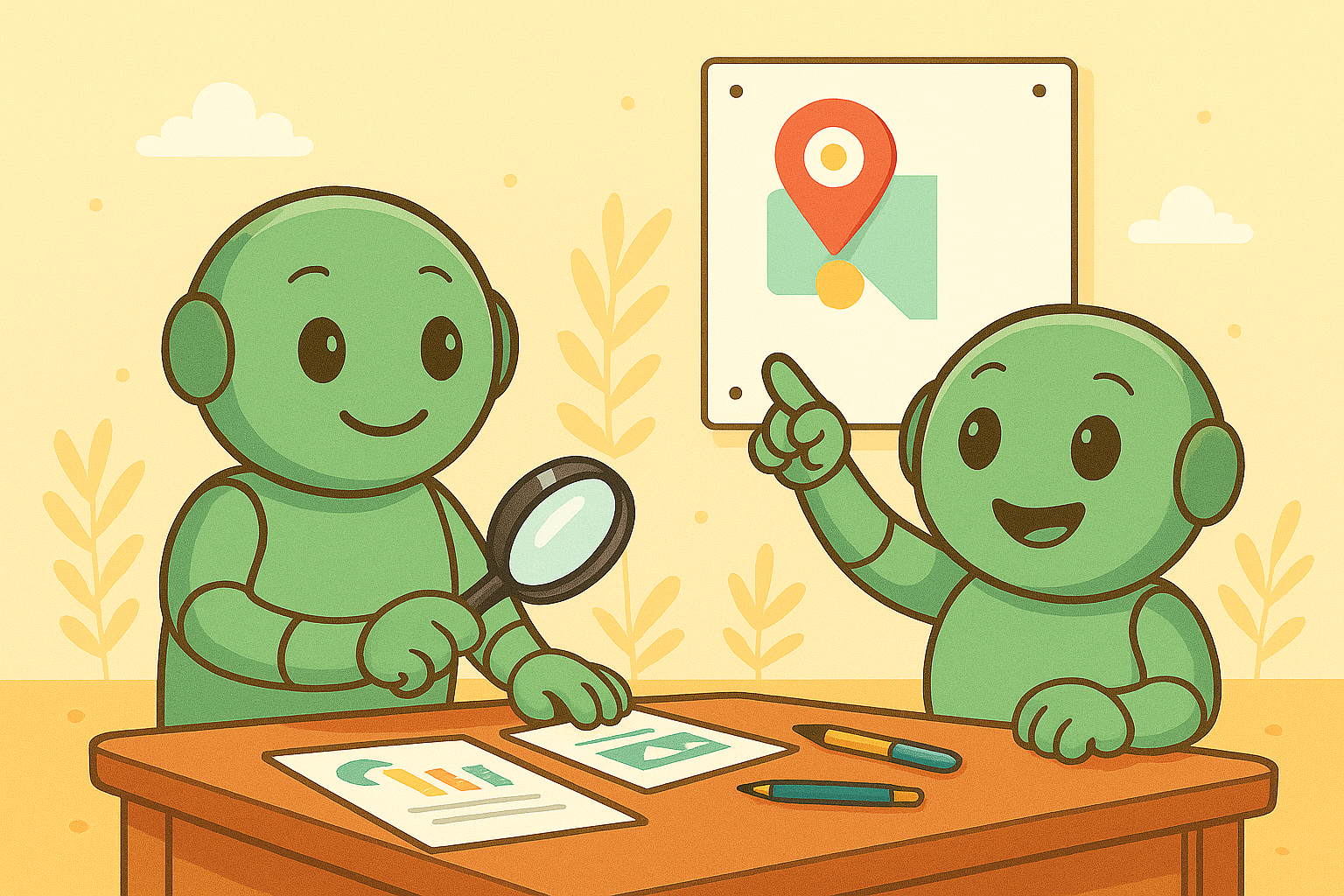Two Namero robots sit at a table reviewing charts and graphs with a magnifying glass. One points to a map marker on the wall. The image represents analyzing target audiences and strategically positioning a brand.